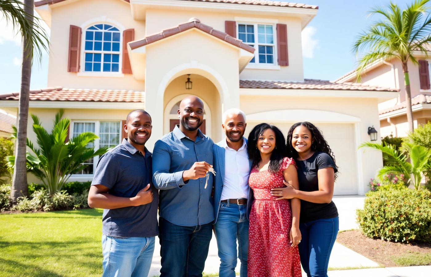 Happy Miami family receiving keys to their new home
