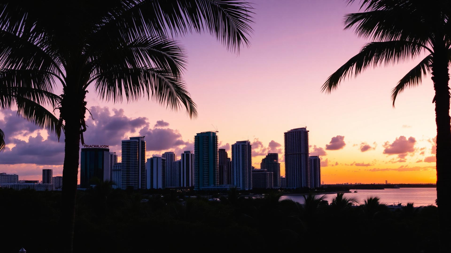Miami skyline at dusk framed by palm trees